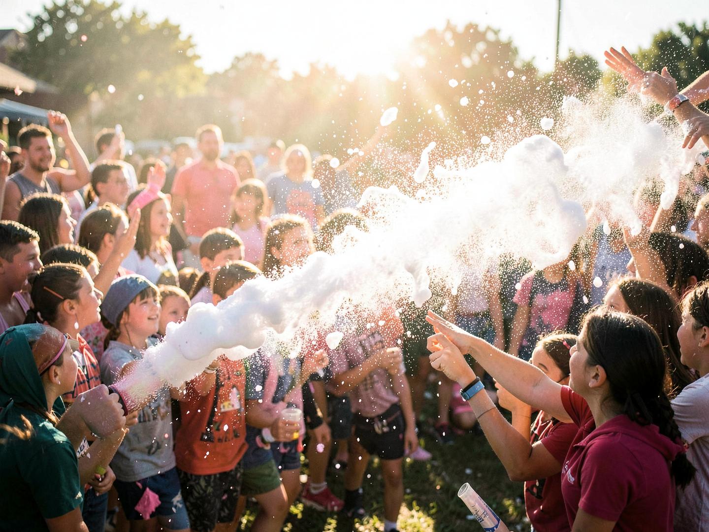 Foam cannon firing white foam over a crowd of kids