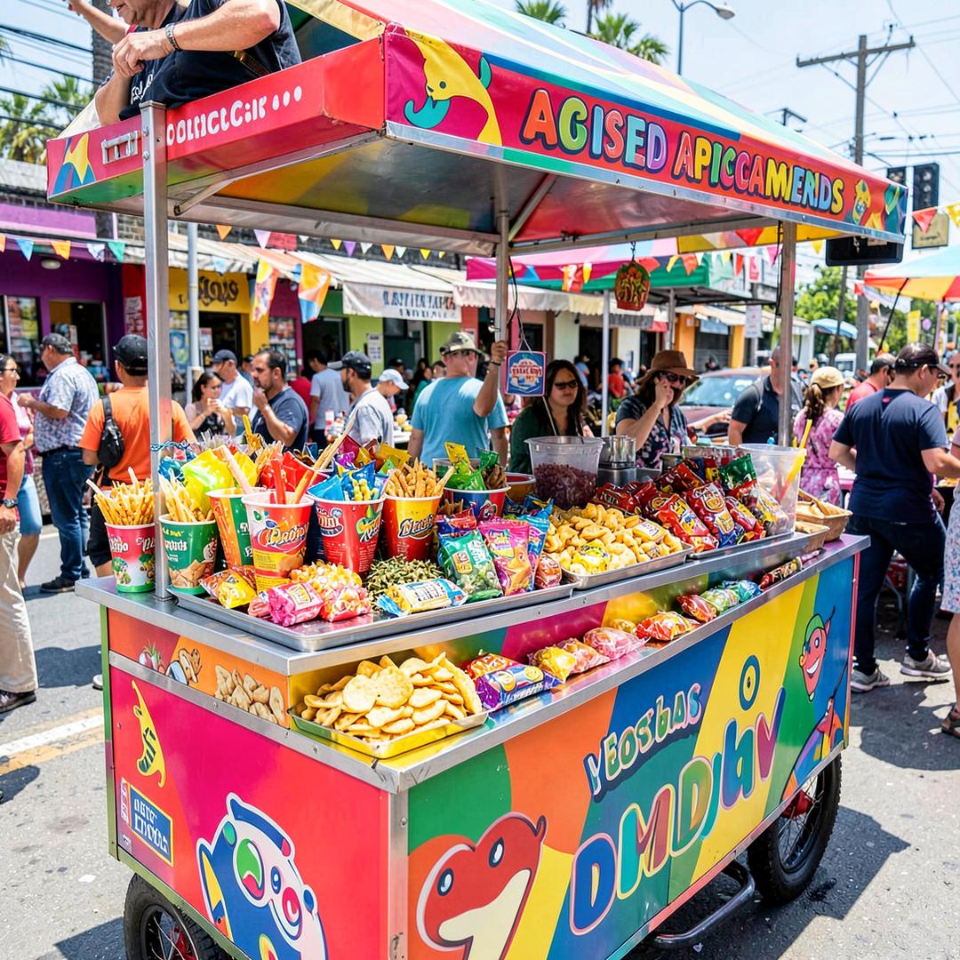Colorful Mexican-style snack cart stocked with snacks and candy
